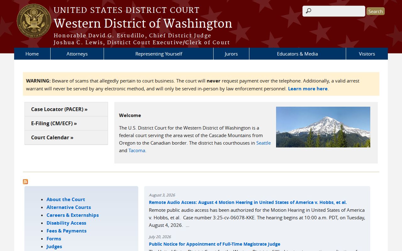 Western District federal court serving Pacific County criminal cases